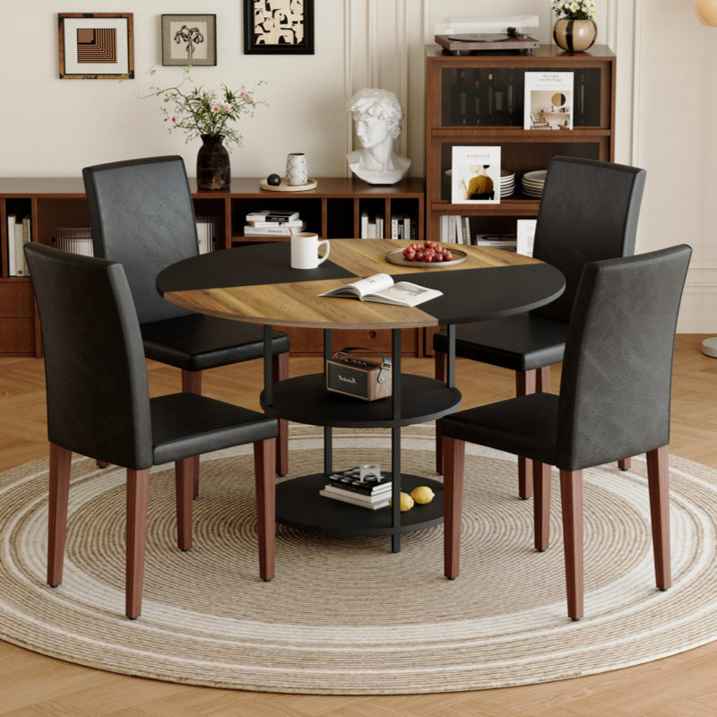Table And Chair Set.A 47.3-Inch Diameter Modern Spliced Color Circular Dining Table - Double-Layer Storage.Paired With Technology Fabric Dining Chairs, Simple And Versatile, Comfortable.
