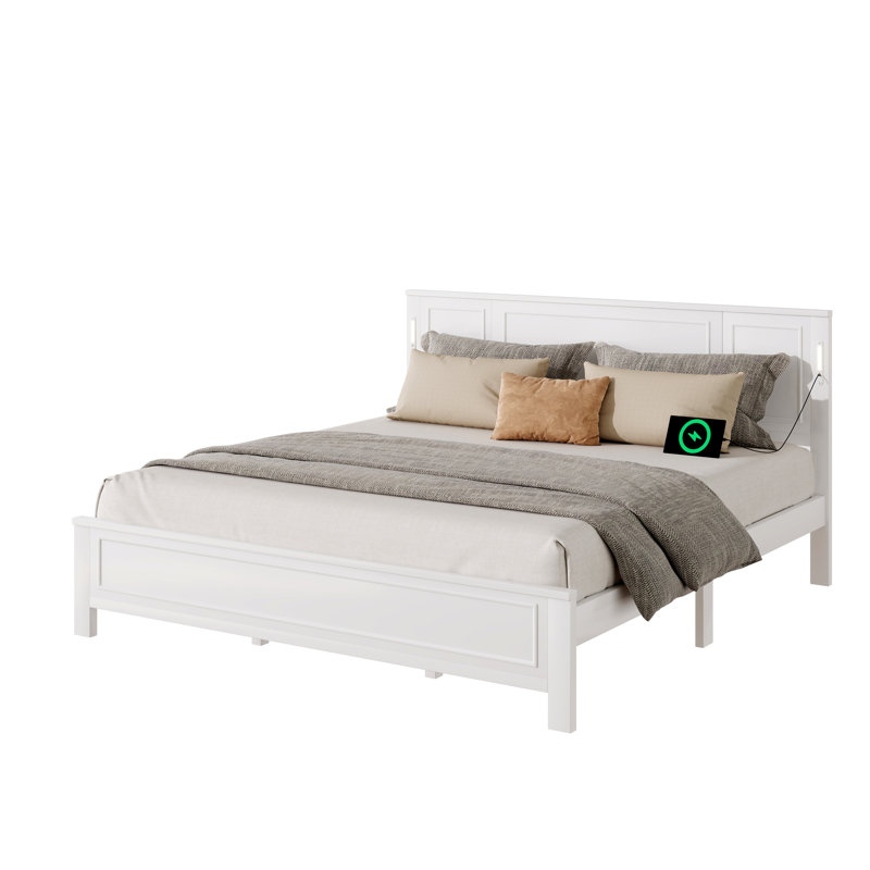 Structure de lit de style campagnard avec tête et pied de lit à panneaux hauts, lumières DEL intégrées et station de charge USB double, structure de lit en pin robuste avec espace de rangement sous le lit