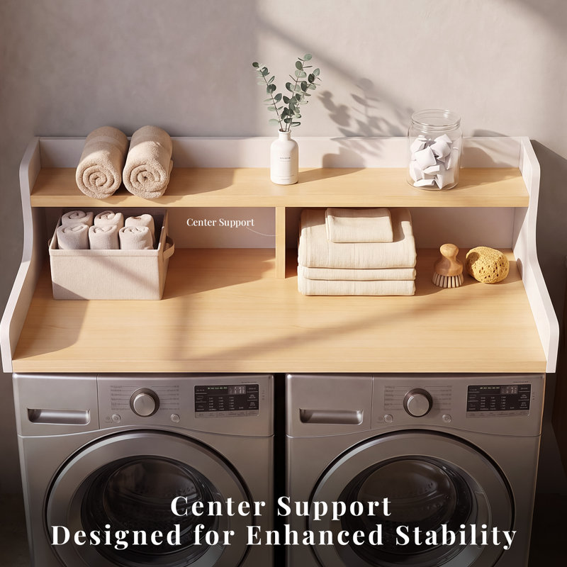 OMCHOM Double-Tier Wooden Laundry Countertop - Space-Saving Storage Organizer with Enhanced Stability & Easy-Clean Surface
