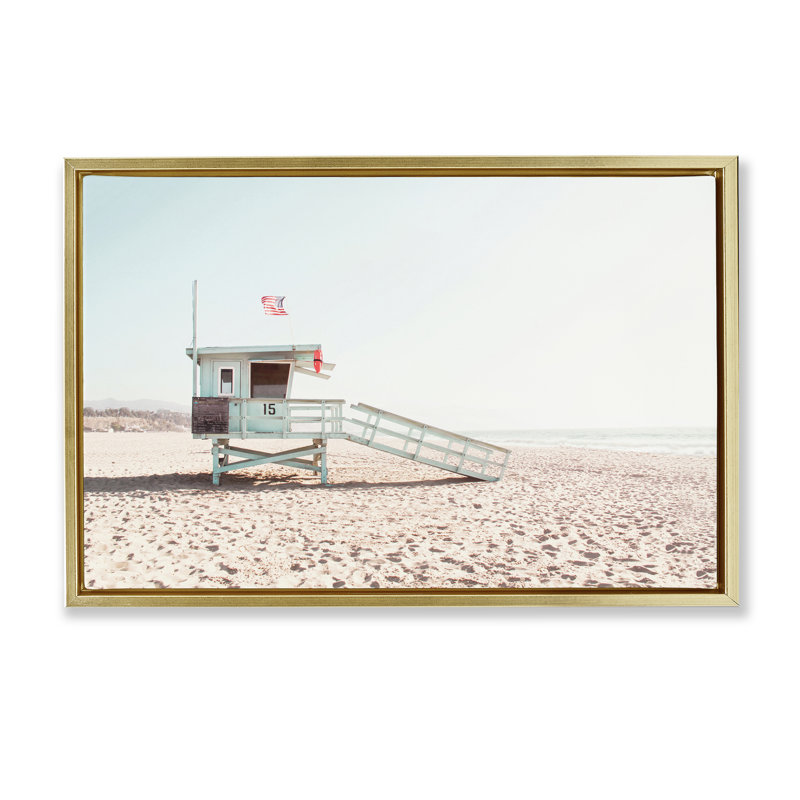 Cadre flottant Lifeguard Hut Sunny Day, design par Sissi et Seb, H 21 po x l 31 po, Cadre flottant métallique doré