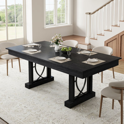 71 Inch Rectangular Storage Dining Table for 6-8 People, Double Curved Pedestal Metal Frame with 2 Built-In Side Drawers, Scratch Heat Resistant Wood Veneer Multi-Use Table for Dining Room Kitchen Office Cafe