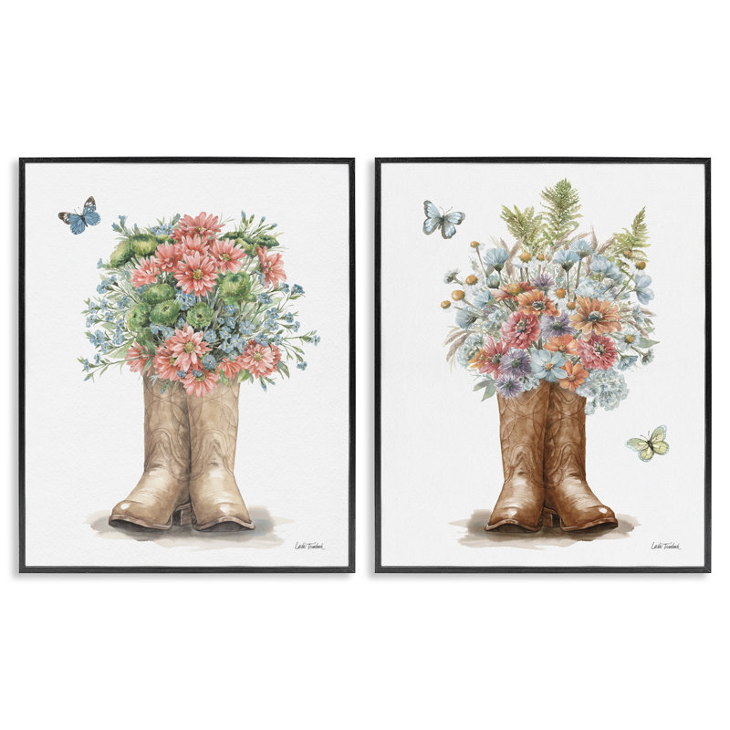 «Wildflower Western bottes Butterfly», ensemble de 2 estampes numériques encadrées par Leslie Trimbach, H 20 po x l 16 po