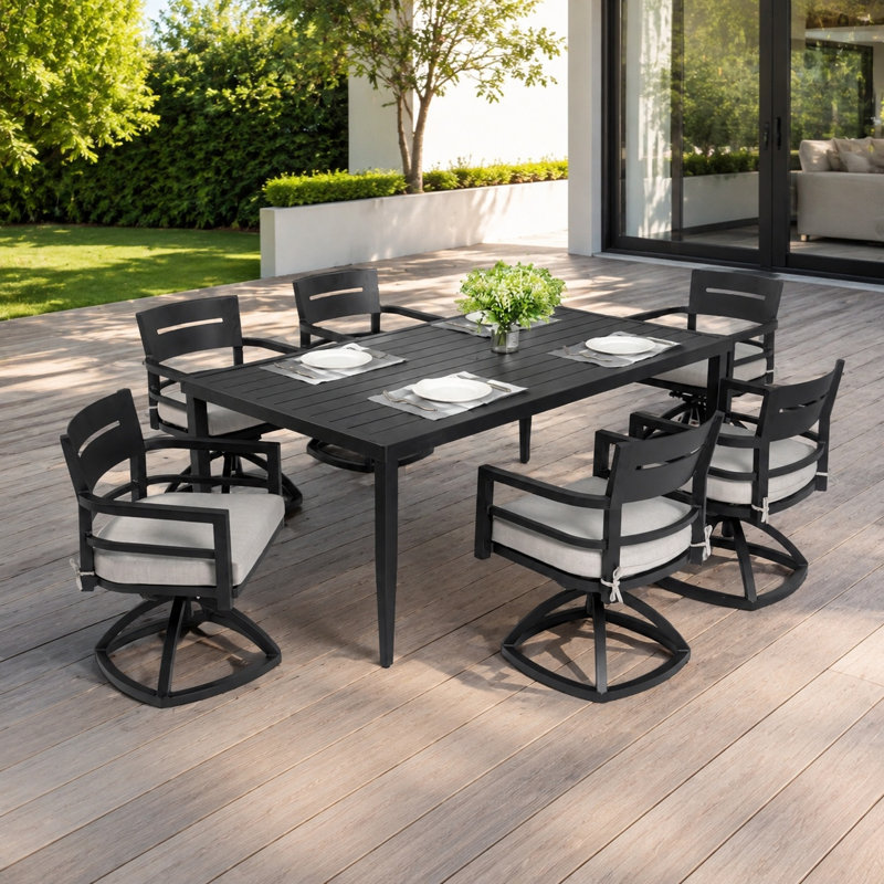 Ensemble repas d'extérieur 7 pièces, table rectangulaire en aluminium avec trou pour parasol et 6 chaises pivotantes, coussins Sunbrella, noir Ember