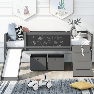 Lit mezzanine simple gris avec rangement. Stabilité du bois de pin, plaisir d'escalade. Double tableau noir. Glissade sécuritaire pour lit de plaisir quotidien. Avec rangement et plaisir. Durabilité. Délice de chambre à coucher