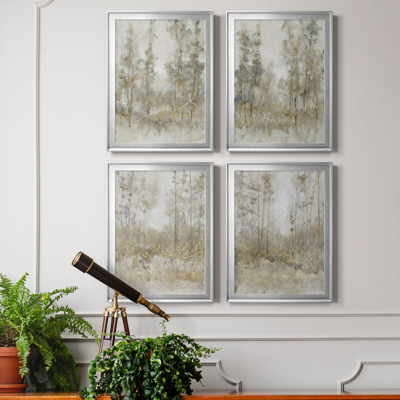 Thicket of Trees I - Ensemble de 4 peintures sur toile encadrées, H 36,5 po x l 106 po x P 1 po, Cadre argenté