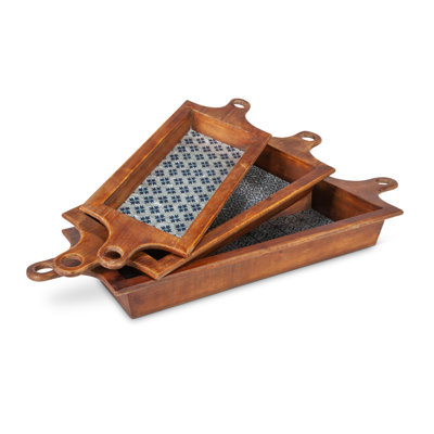 Ensemble de 3 plateaux en bois emboîtés avec motif bleu galvanisé