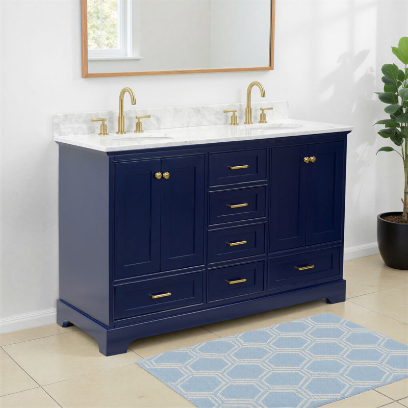 Larosa 60'' Double Bathroom Vanity with Top, Carrara Marble, Royal Blue