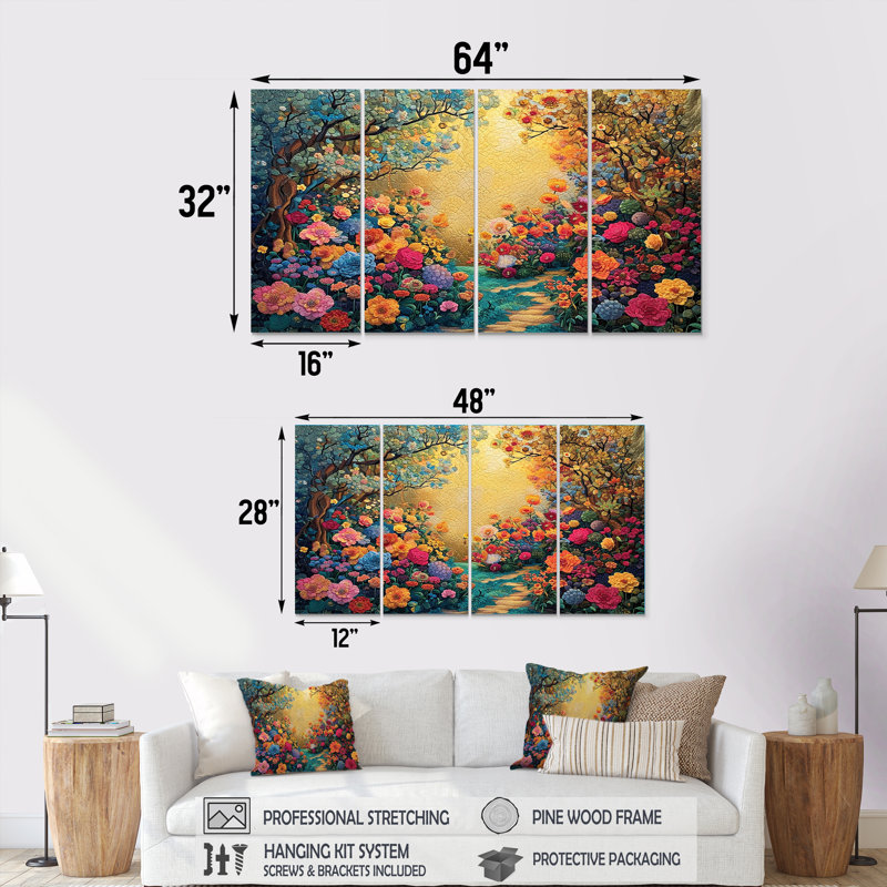 Ensemble de 4 tapisseries "Fleurs de campagne", H 28 po x l 48 po