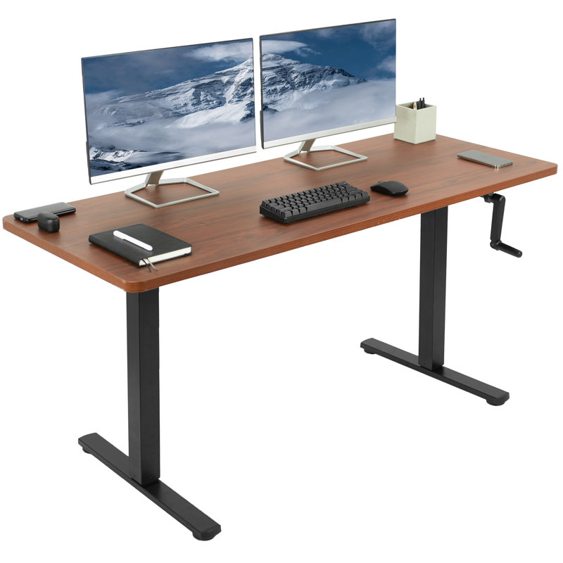 Manual Height Adjustable Desk, Dark Walnut/Black