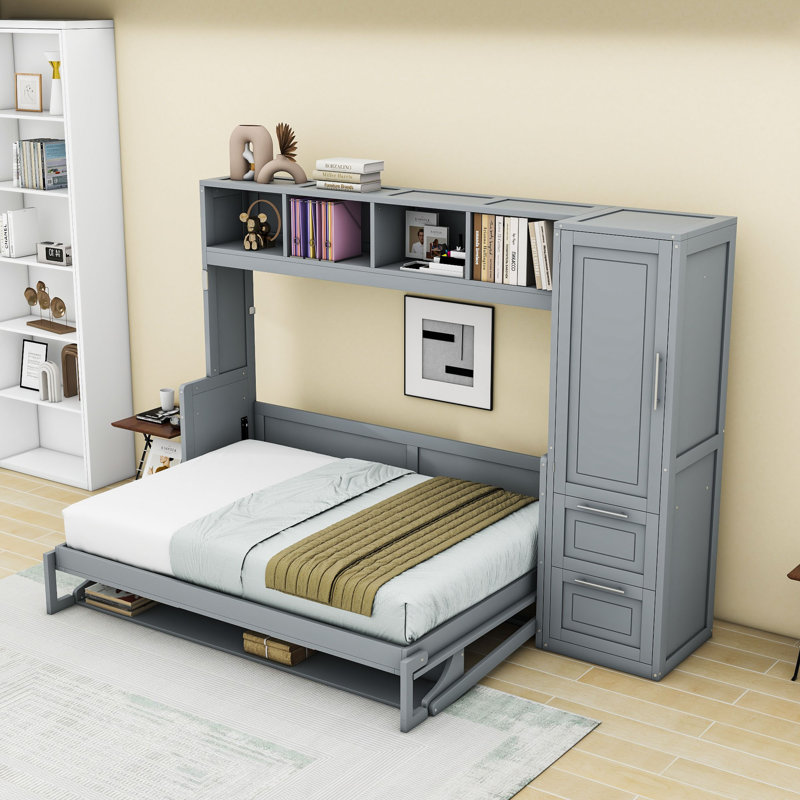 Lit escamotable double à 2 tiroirs avec garde-robe latérale, tablette supérieure et rangement sous le lit, Gris