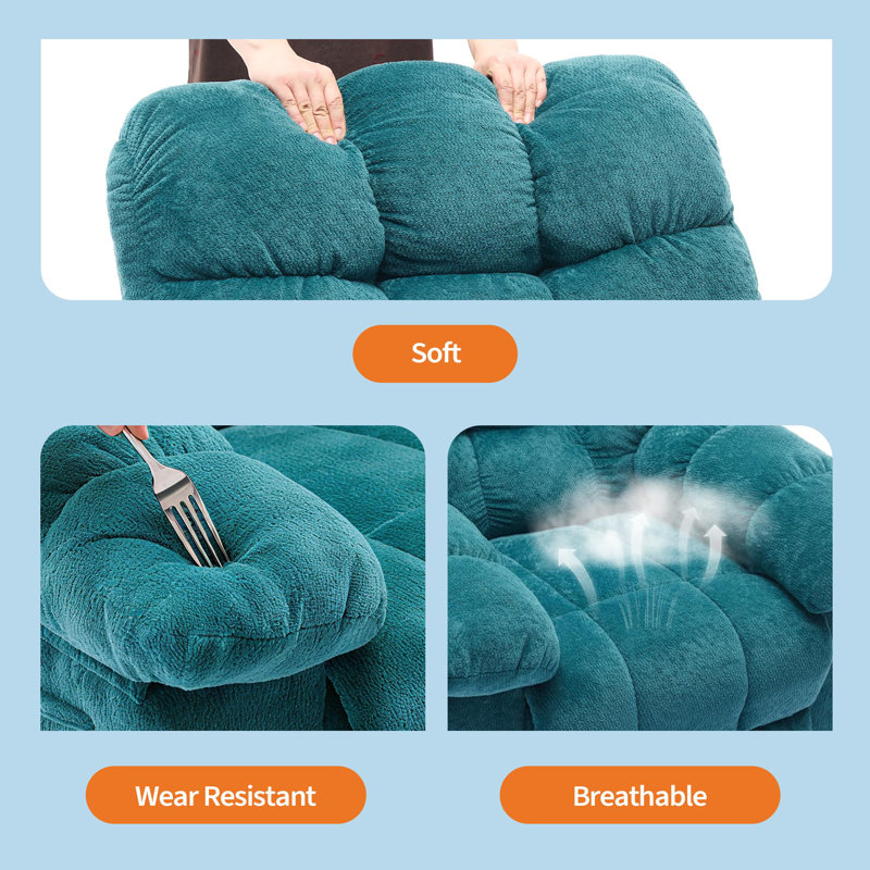 Oversized Manual Recliner Chair with Hidden Footrest, Upholstery Swivel 150° Recliner Ergonomic Design, Blue