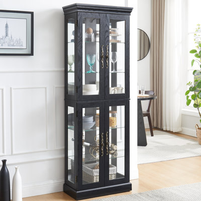 Black Lighted Glass Cabinet With Exquisite Craftsmanship For Kitchen, Ideal Collectibles Display In Living Room, Enchanting Illumination And Vintage Handle