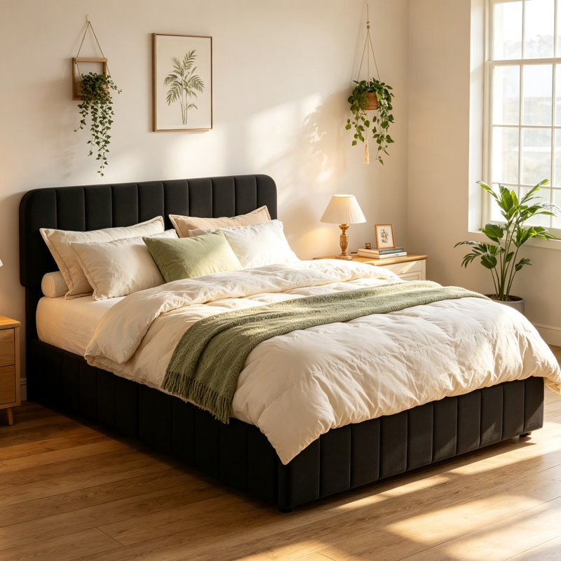 Queen Size Velvet Bed Frame with Adjustable Headboard, Upholstered Platform Bed, Vertical Channel Tufted, No Box Spring Needed, Easy Assembly, Black