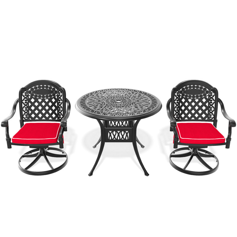 3 chaises de salle à manger en fonte d'aluminium toutes saisons, 2 chaises pivotantes et une table ronde de 35,43 po, noire, résistante aux intempéries, assise confortable et coussin de véranda, coussins de siège