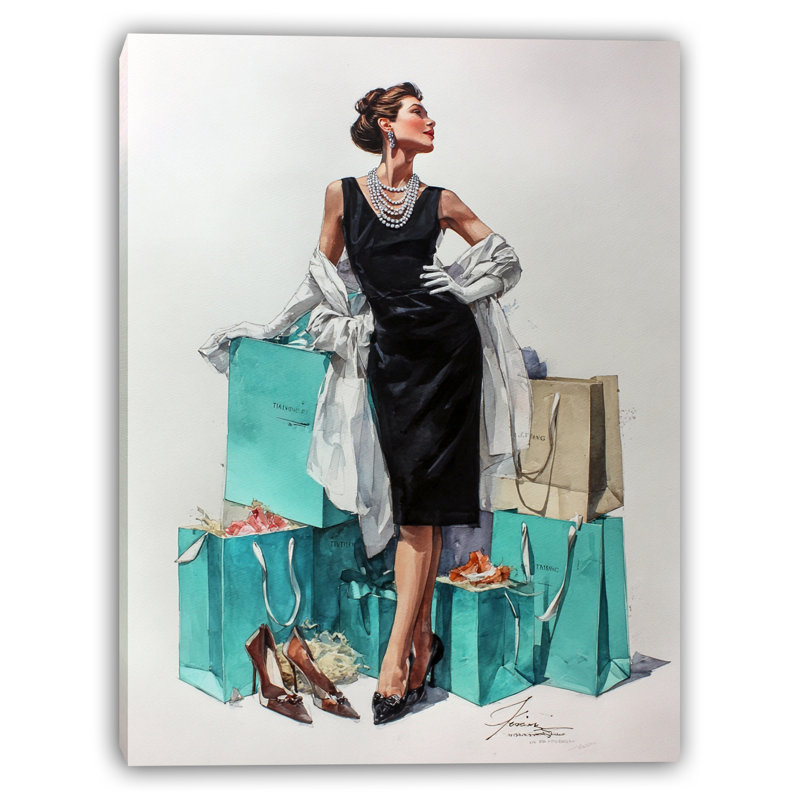 Élégante femme en robe noire avec sacs-cadeaux sur toile tendue, H 24 po x l 16 po