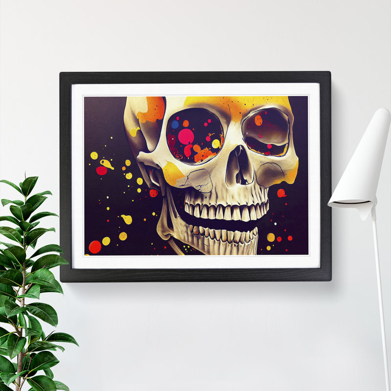 XH1022-7859X Skull Splashed Abstract - Single Picture Frame Print, 25cm H x 34cm W x 2cm D, Black