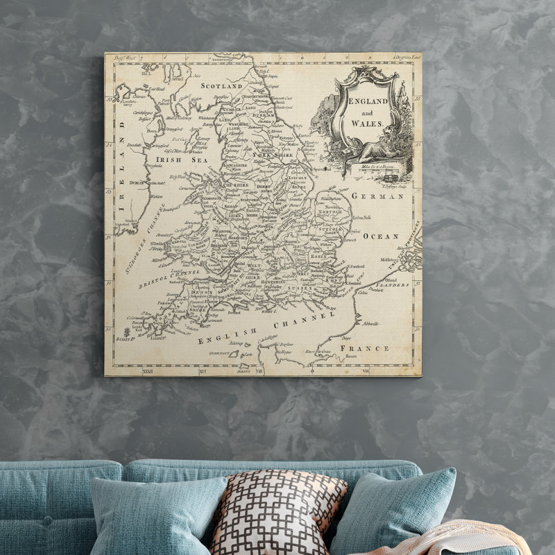 « map of england & galles », impression sur toile tendue, H 24 po x l 24 po x P 1 po