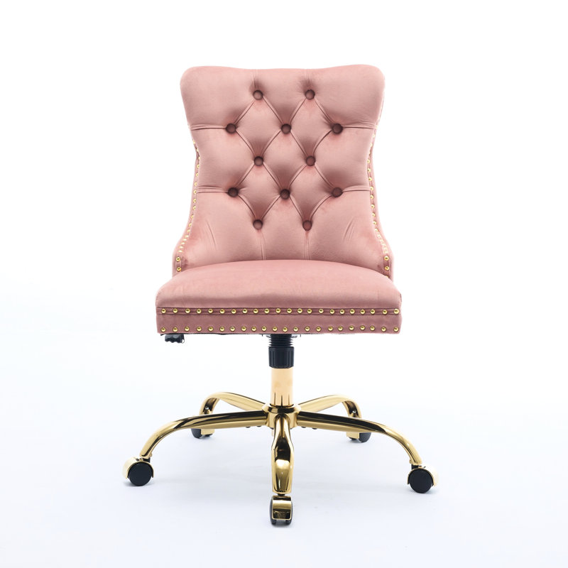 Chaise de bureau rose moderne avec boutons rembourrés en velours, base en métal doré électrolytique, fonction pivotante, coussin à rebond élevé, boutons de bureau réglables à la main, conception à boutons,