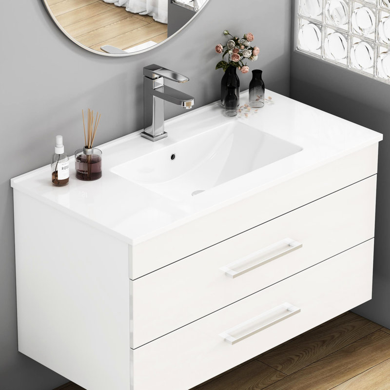 Lavabo de salle de bain en céramique blanche de 36 pouces avec trou de robinet pré-percé, idéal pour meuble-lavabo, conception moderne, salle de bain facile à entretenir, robinet, propre
