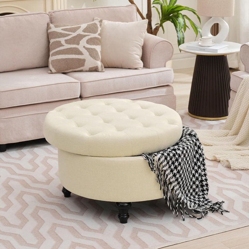 Table basse ronde avec repose-pieds rond et capitonné avec rangement 30 po, Crème, crème