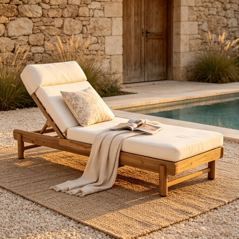 Structure de chaise longue d'extérieur inclinable avec dossier à 3 positions et coussin, teck clair et crème