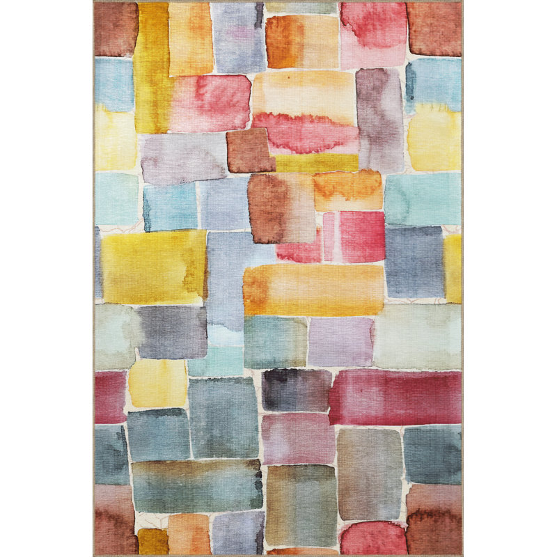 Multi-Colored Mixed Geometric Square Shape Patterned Modern Decorative Rug, Rectangle 4'11.06" x 9'10.11"
