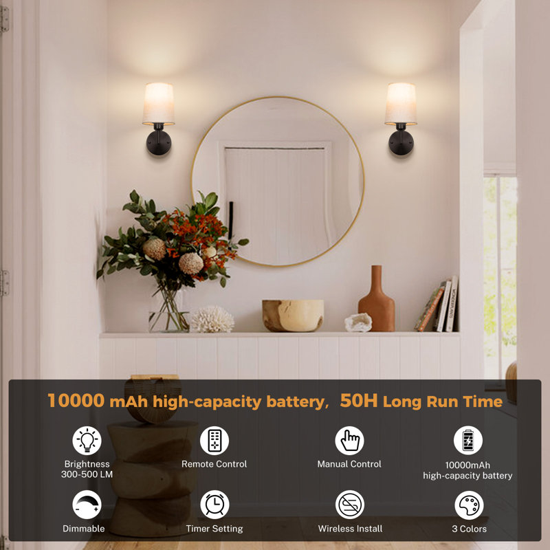 Ensemble de 2 appliques murales à piles avec pile, 10000 mah, lumière de couloir rechargeable sans fil avec télécommande, lampe à intensité variable 3 couleurs pour le salon