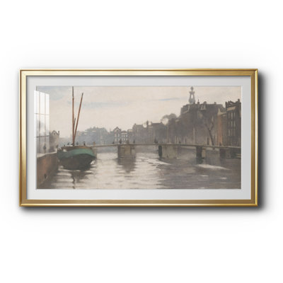 Reproduction encadrée d'un canal d'Amsterdam vintage avec bateaux, sous passe-partout et verre - Paysage urbain - Série Paysage CDLXXXIX, ouverture 20 x 40 cm, cadre doré, dimensions extérieures 23 x 43 cm