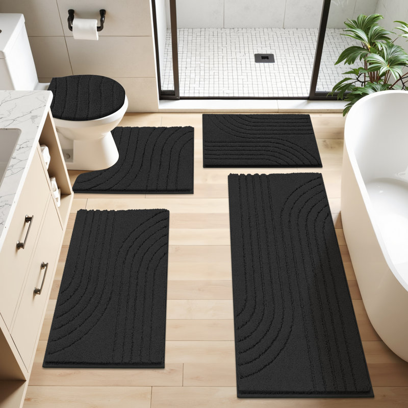 5 Piece Soft Absorbent Microfiber Bath Rug Set With Non-Slip Backing, Black