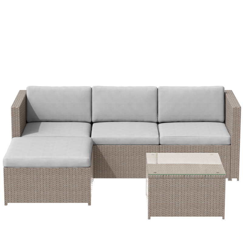 Rattan Garden Wicker Furniture Patio Sofa Set With Glass Coffee Table, Light Grey, Beige