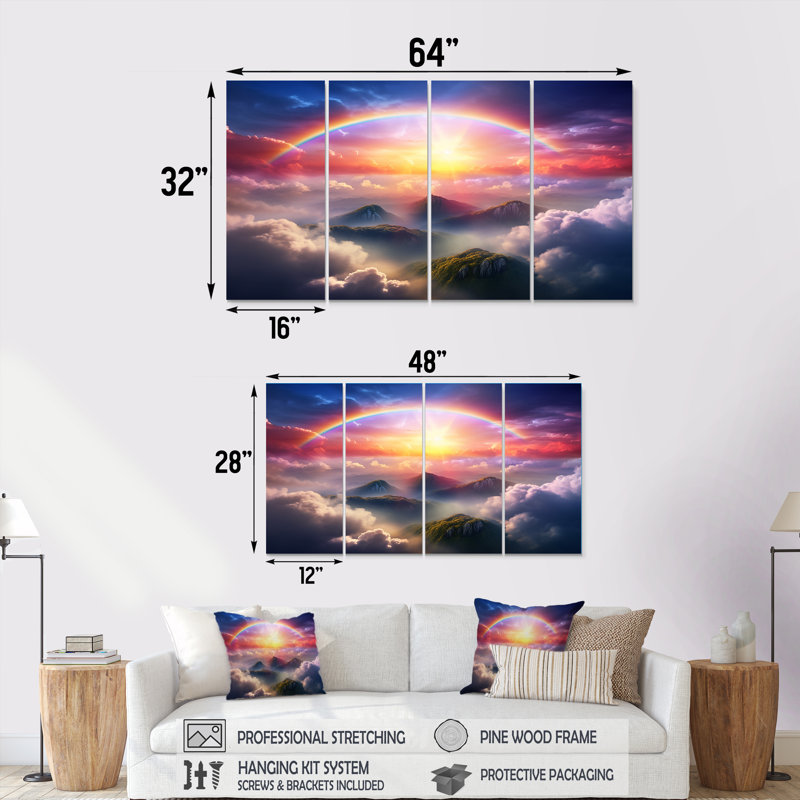 Magical Rainbow Over Misty Mountain Clouds - ensemble d'art mural arc-en-ciel 4 pièces, H 32 po x l 64 po