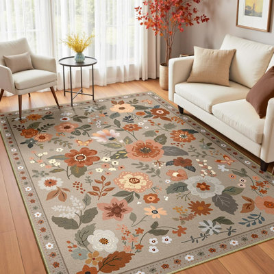 Motif floral 4 x 6 tapis lavable imprimé boho tapis mignon antidérapant fleur bas pour salon chambre cuisine bureau ferme-brun / brique