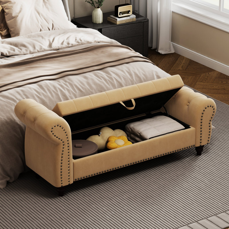 Banc de chambre 64,5 po en velours kaki avec rangement, Kaki