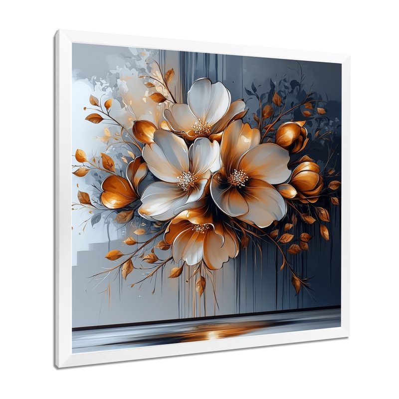Fleur transitionnelle dorée abstraite II - art mural floral abstrait, Reproduction encadrée d'une seule photo, Blanc