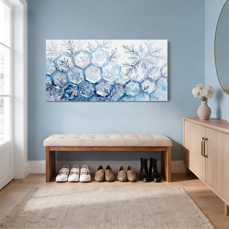 Motif de flocon de neige à motif hexagonal sur toile tendue, ensemble de 1 peinture à l'huile, H 12 po x l 36 po