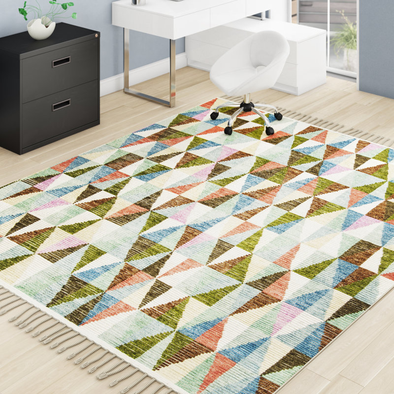 Tapis géométrique en laine / coton noué à la main Alimatou - bleu / vert, Rectangle 5 pi x 8 pi