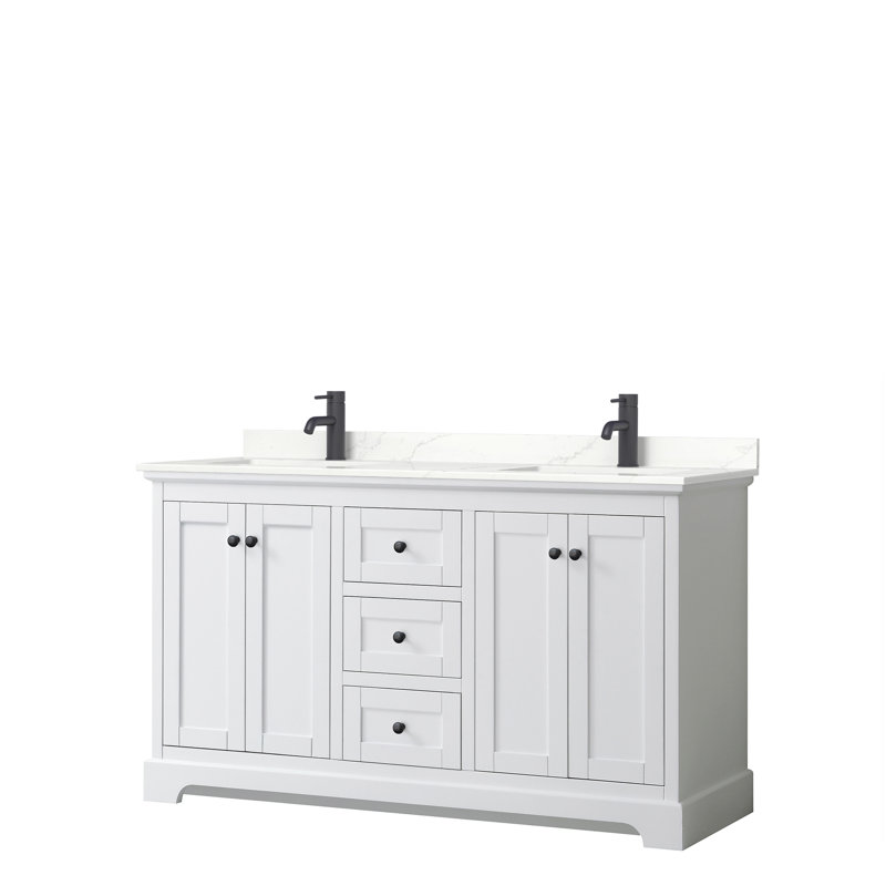 Meuble-lavabo double autoportant avec plateau Avery, Giotto Quartz, Blanc, Noir mat