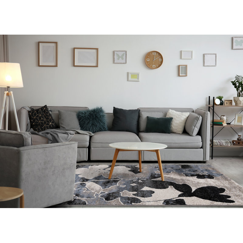 Tapis botanique intérieur crème, bleu, contemporain et contemporain - salon, chambre à coucher, salle à manger et cuisine 8 pi x 11 pi