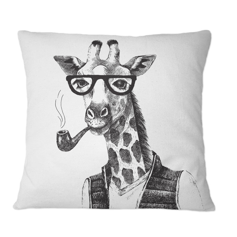 Portrait of Giraffe Hipster - Coussin décoratif à imprimé traditionnel, 16 po x 16 po