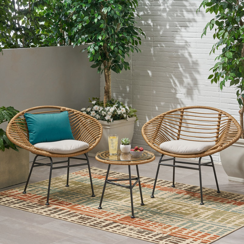 2 - Person Patio Conversation Set with Cushions, Light Brown Frame/Beige Cushion