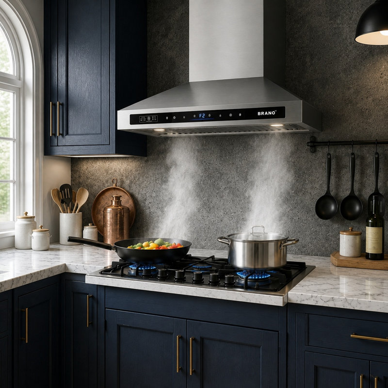 Hotte de cuisine murale Brano de 30 pouces, 900 pi³ / min, hotte de cuisine en acier inoxydable avec commande vocale / par geste / tactile, convertible à conduit / sans conduit, filtre à charbon inclus