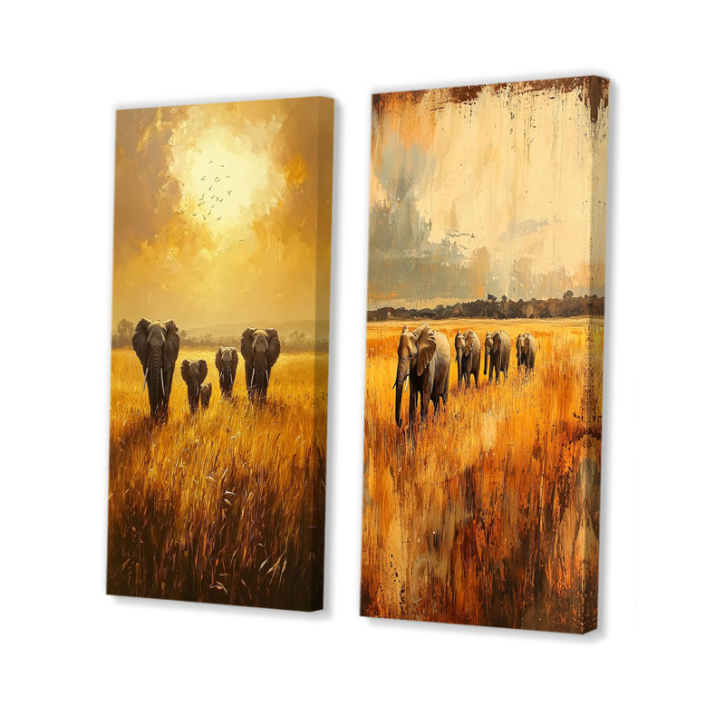«Elephants Crossing The Savannah I», collection d'art mural animaux 2 pièces, H 28 po x l 25 po, Toile tendue