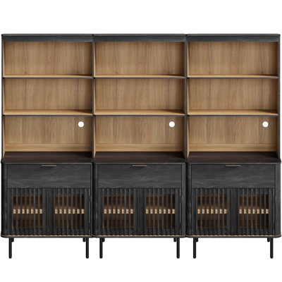 73" H x 94.5" W Mid-Century Modern Wood Bookcase with 2 drawer, 4 Doors, 6-Tier Library Storage