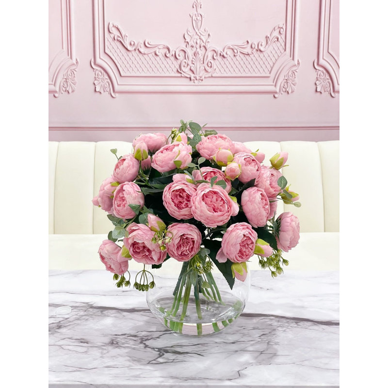 White Peony Faux Centerpiece In Glass Vase, Pink