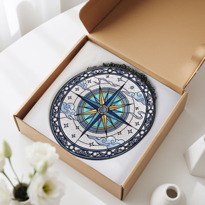 Compass Design Stained Glass Window Panel，7.8H
