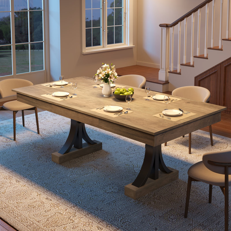 71 Inch Rectangular Dining Table with 2 Drawers, Large Wooden Kitchen Table for 6-8 People, Sturdy Double Pedestal Base, Gray