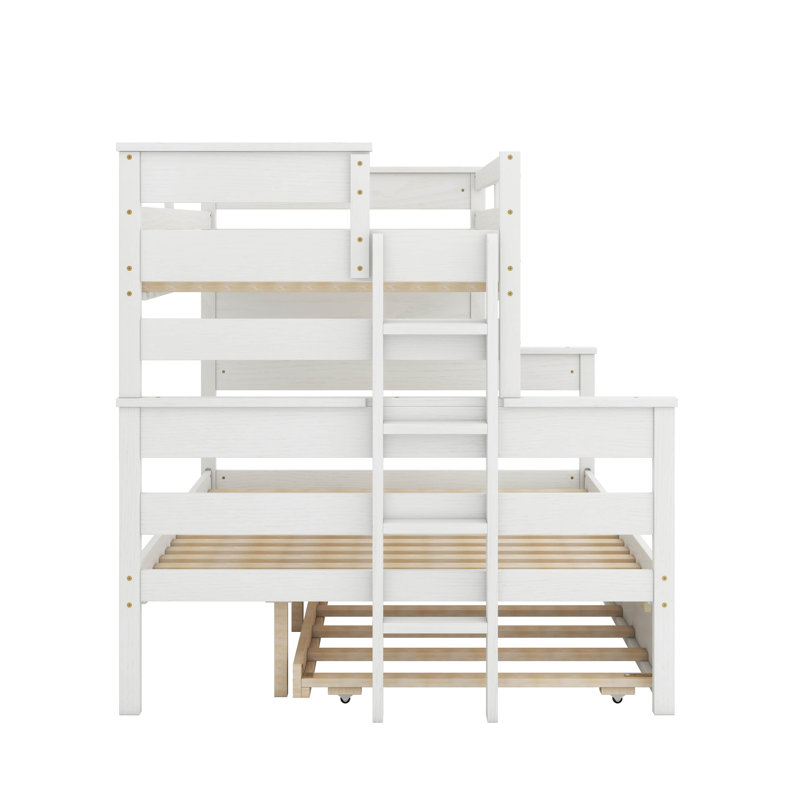 Lit superposé simple au-dessus d'un lit double avec lit gigogne en bois, Blanc