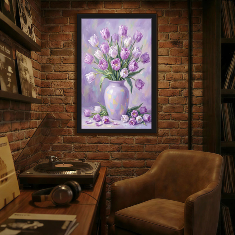 Plants & Flowers Purple Tulips In Vase With Petals, 18" H x 12" W