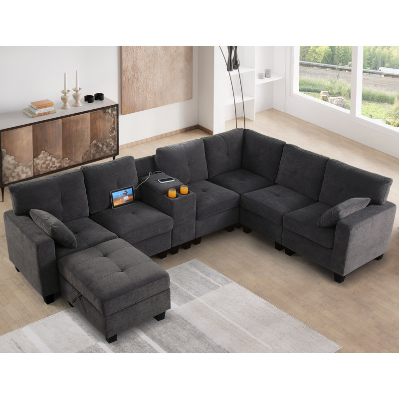 Chesham 8- Piece Upholstered Sectional Sofa With USB Ports & Storage Ottoman, Dark Gray Polyester Blend