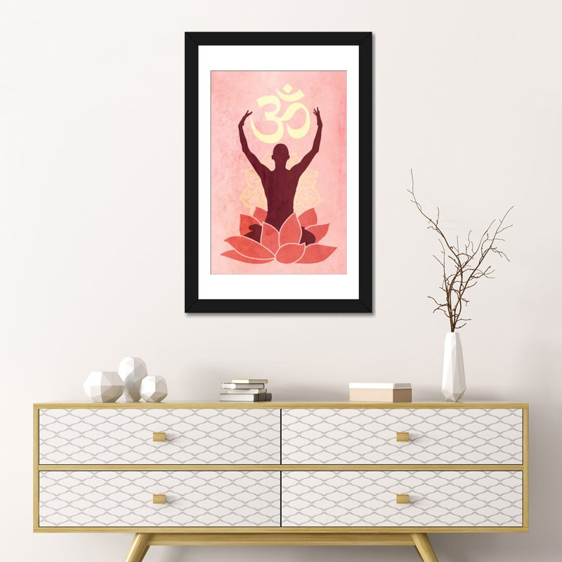 «OM Lotus Flower», reproduction d'impression sur toile en rose, Papier avec cadre noir, Blanc, H 32 po x l 24 po x P 1 po